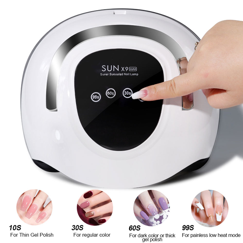 UV Nail Lamp with touch controls for curing gel polish in various times, showcasing stylish manicures.
