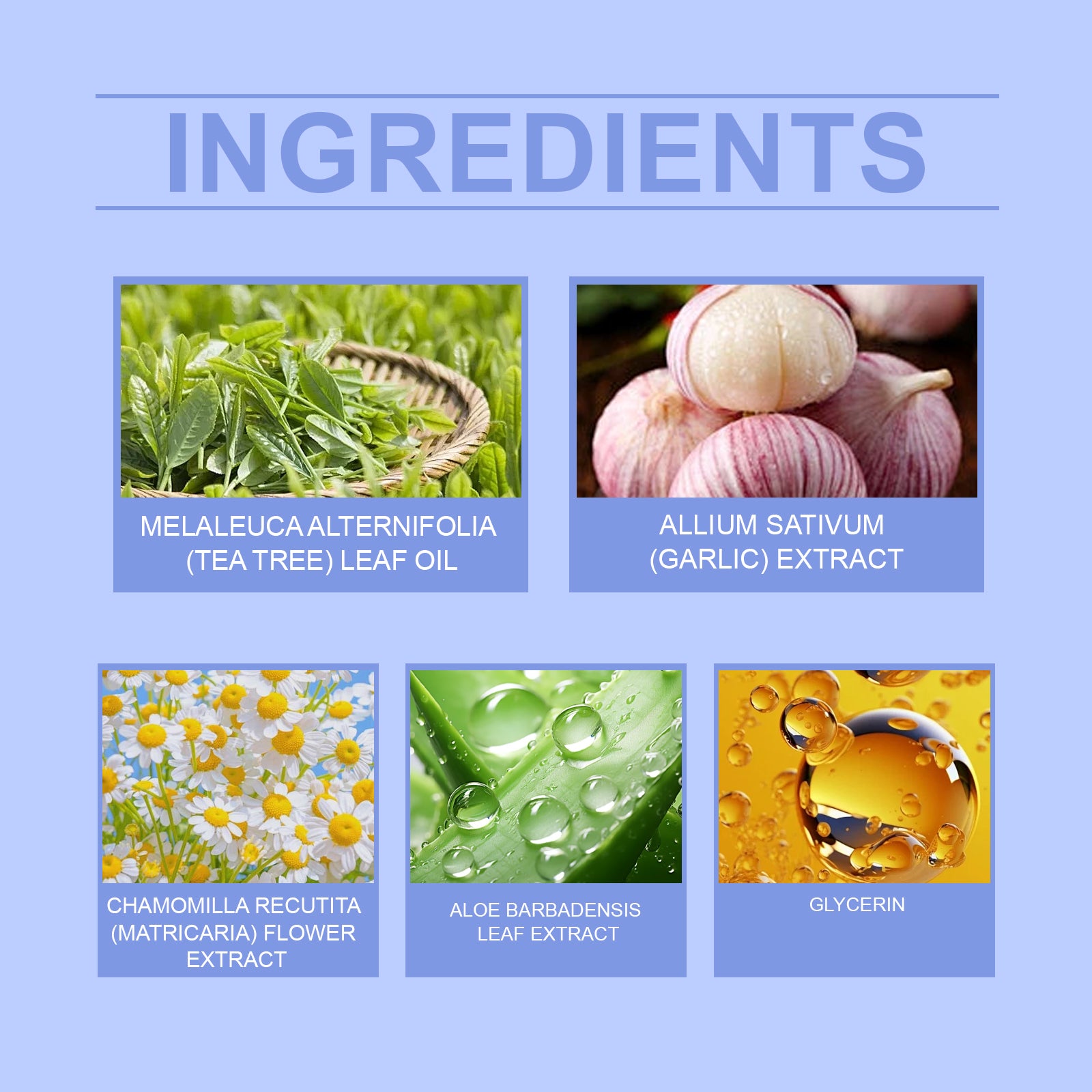 Ingredients for Ximonth Nail Care Patches for Nail Repair & Easy Cleaning: Tea Tree Oil, Garlic Extract, Chamomile, Aloe Vera, Glycerin.