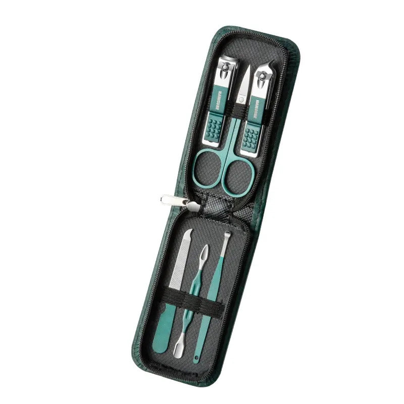 Portable Dark Green Nail Clippers Set - 6 Pieces Travel Kit