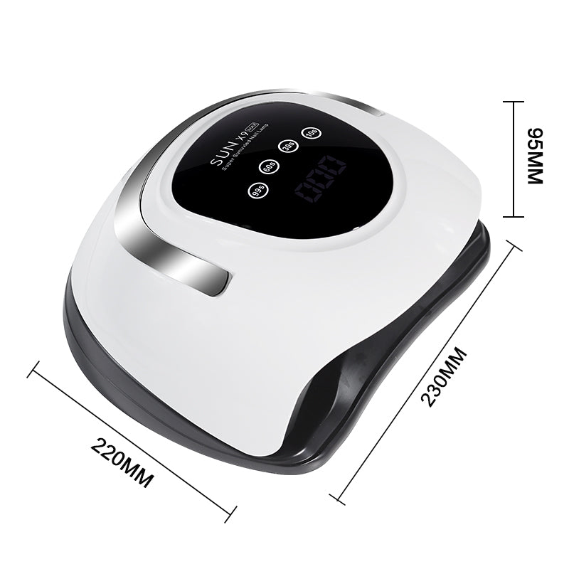 UV Nail Lamp – Professional Gel Nail Dryer with digital display and precise dimensions for perfect nail curing.