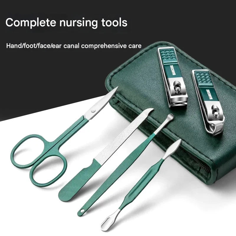 Portable Dark Green Nail Clippers Set - 6 Pieces Travel Kit