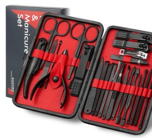 25-26 Piece Nail Clippers Set with stainless steel manicure and pedicure tools. Complete professional grooming kit for home and travel use.