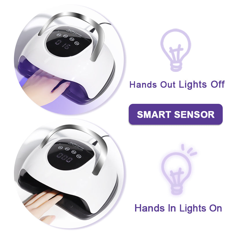 UV Nail Lamp with smart sensor features showing hands out lights off and hands in lights on functionality.