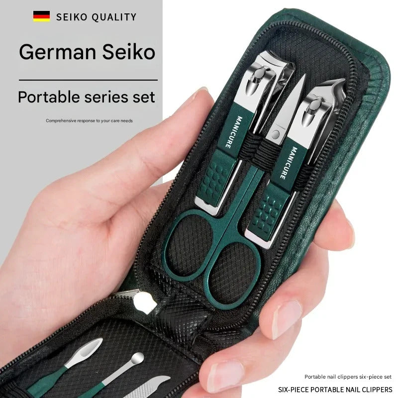 Portable Dark Green Nail Clippers Set - 6 Pieces Travel Kit