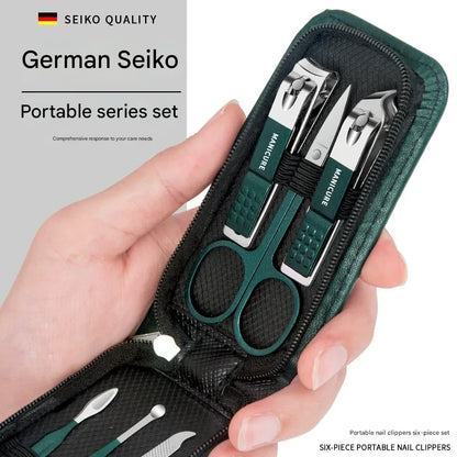 Portable Dark Green Nail Clippers Set - 6 Pieces Travel Kit