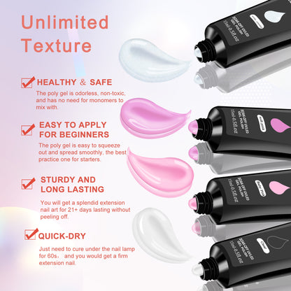Poly Gel Nail Kit with UV Lamp, showcasing vibrant gel colors and benefits like easy application and quick-dry features.