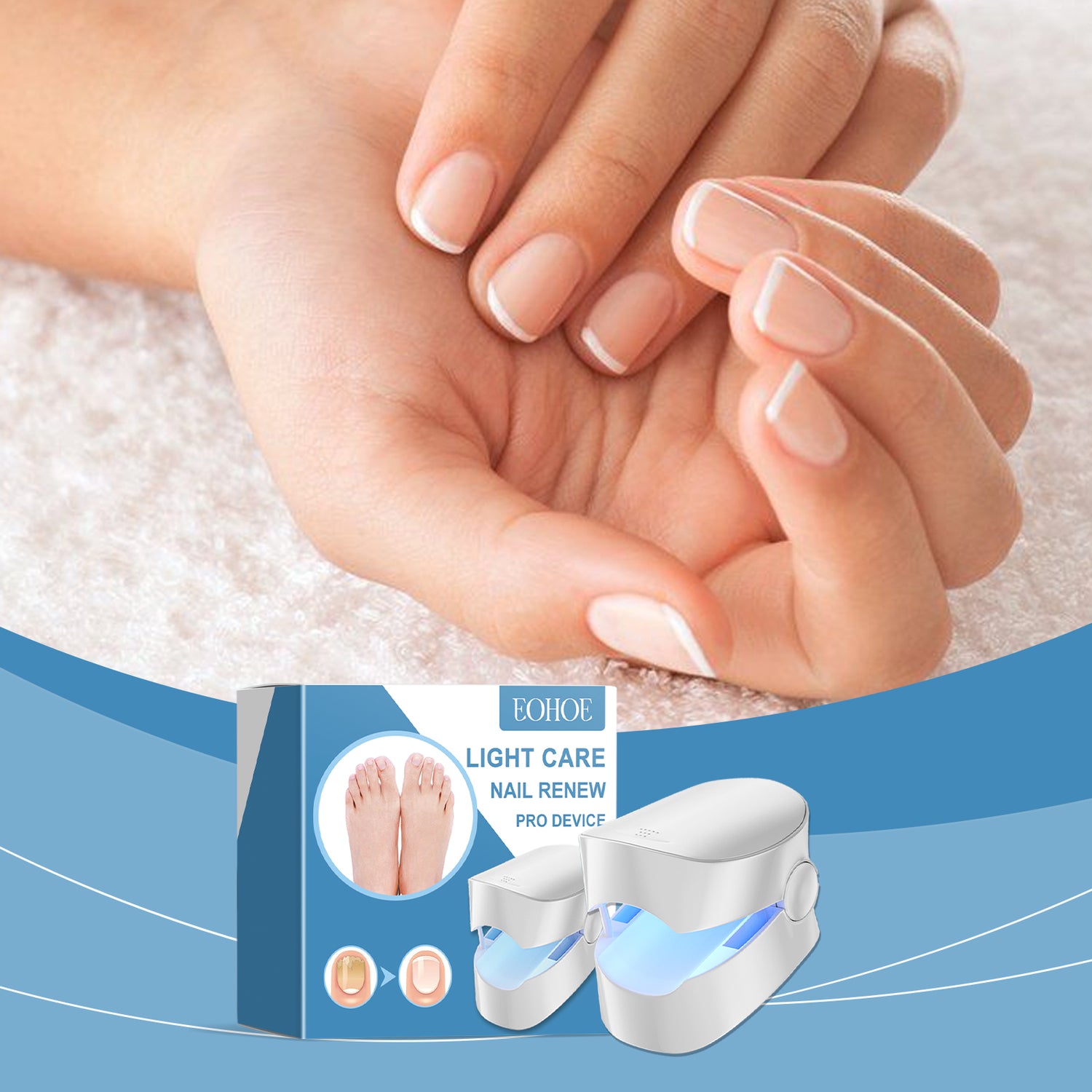 EOHOE Nail Repair Device displayed with healthy nails and the product packaging, showcasing effective nail care.