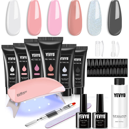 Poly Gel Nail Kit with UV Lamp &amp; Brush, complete professional nail extension set with gel, lamp, and tools.