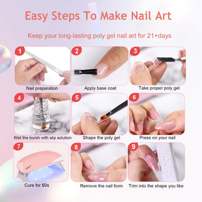 Easy steps to make nail art using the Poly Gel Nail Kit with UV Lamp for long-lasting results.