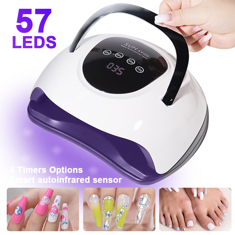 UV Nail Lamp with 57 LEDs, features 4 timer options and smart auto-infrared sensor for quick curing.