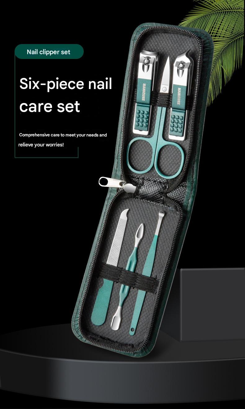 Portable Dark Green Nail Clippers Set - 6 Pieces Travel Kit