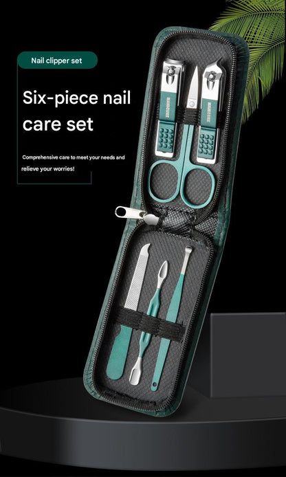 Portable Dark Green Nail Clippers Set - 6 Pieces Travel Kit