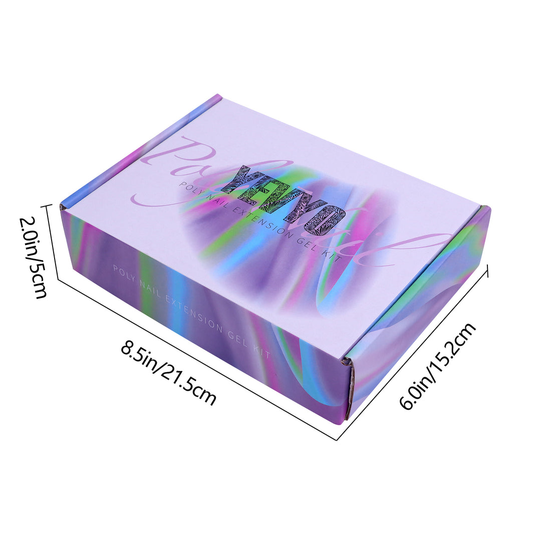 Poly Gel Nail Kit with UV Lamp packaging box dimensions displayed, showcasing vibrant design.
