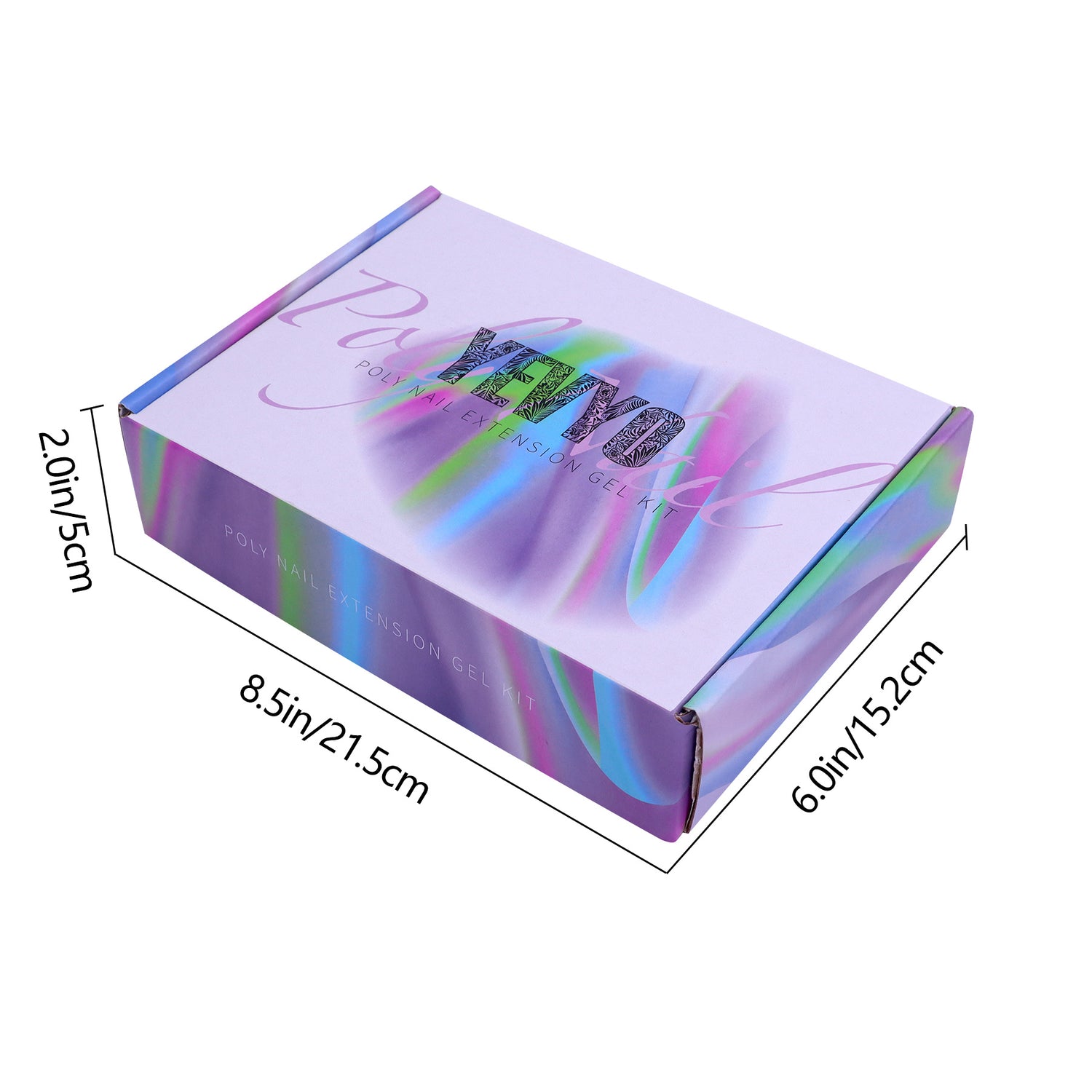 Poly Gel Nail Kit with UV Lamp packaging box dimensions displayed, showcasing vibrant design.